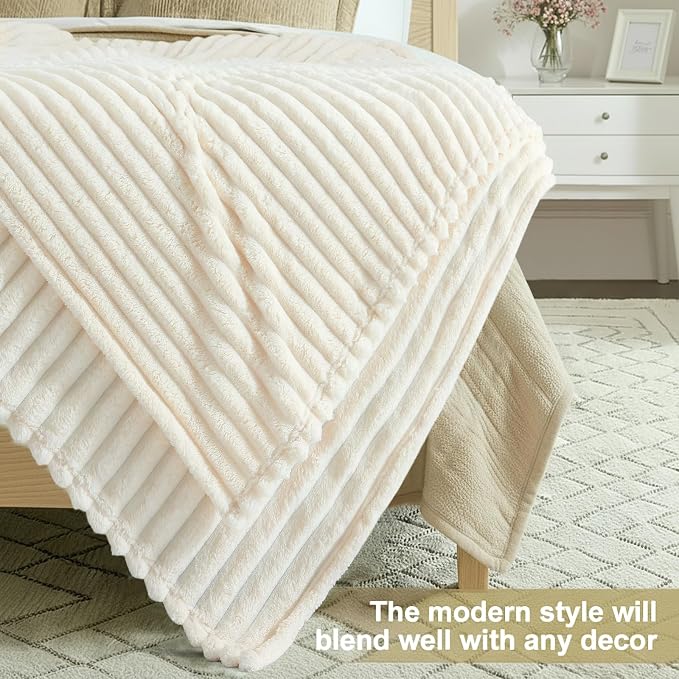 decorUhome Cream White Fleece King Blanket 108x90 Inches | Soft Fleece Bed Cozy Fluffy Plush Flannel Large Striped Throws for Couch Sofa, Decorative Fuzzy Blanket for Woman