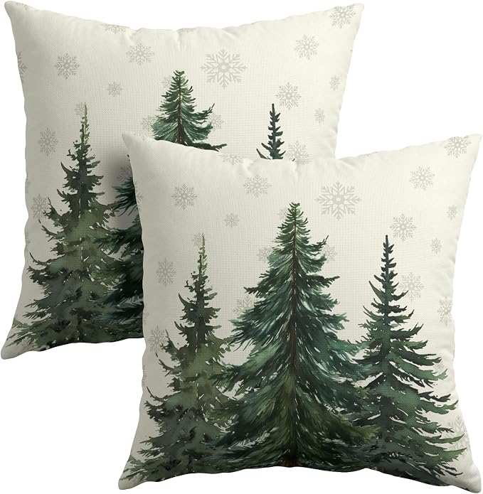 Kawani Winter Pine Forest Pillow Covers 22x22 Inches, Set of 2 Seasonal Snowflakes Birch Trees Cotton Linen Pillow Cushion Case for Sofa Couch Bed Christmas Holiday Home Decor