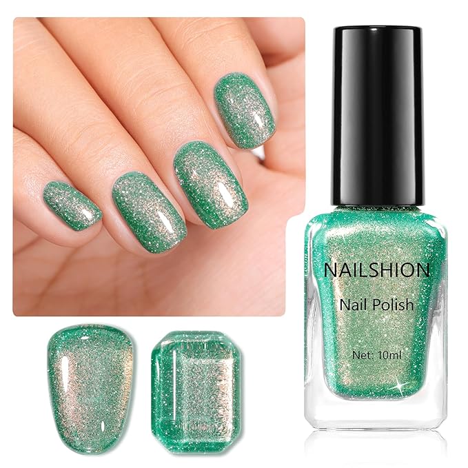 Green Nail Polish, Fast Air Drying Sparkly Shimmer Dreamy Green Glitter Nail Polish, 15 Toxic-free, High Shine Finish, Rich in Castor Oil, DIY at Home Nails Art Salon Travel Manicure Gift