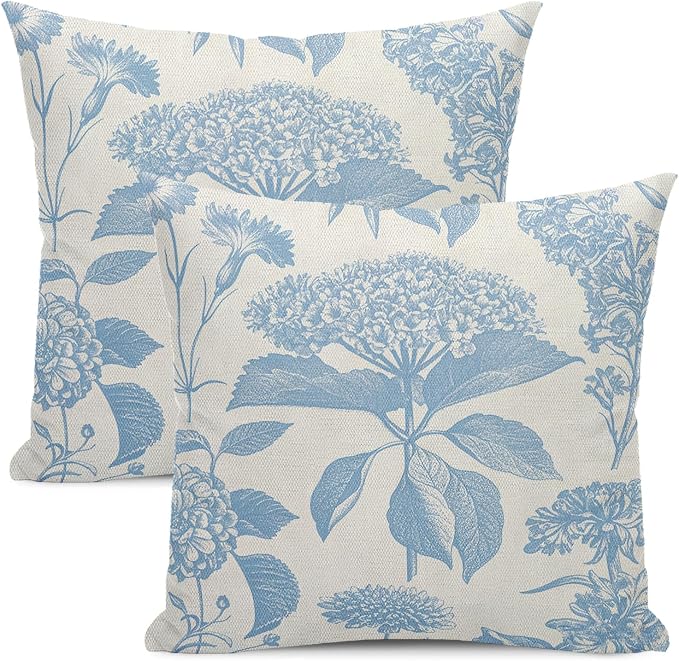 Floral Pillow Covers 18x18 Set of 2 Vintage Baby Blue Hydrangea Herb Botanical Throw Pillow Cover Outdoor Decoration Boho Flower Pillowcase Farmhouse Decorative Linen Cushion Case for Home Sofa