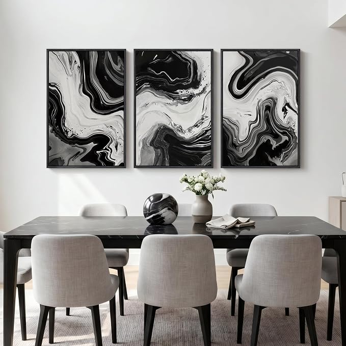 Large Framed Black and White Abstract Wall Art for Living room, 3 Piece Canvas Prints Paintings Artwork for Walls, Modern Minimalist Pictures Wall Decor for Bedroom Dining Room Office 24x36 In