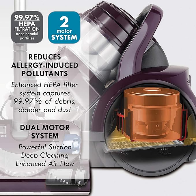 Kenmore 22614 Pet Friendly Lightweight Bagless Compact Canister Vacuum with Pet Powermate, HEPA, Extended Telescoping Wand, Retractable Cord and 2 Cleaning Tools-Purple | Pet Powermate, HEPA, Extended Telescoping Wand, Retractable Cord, 2 Cleaning Tools