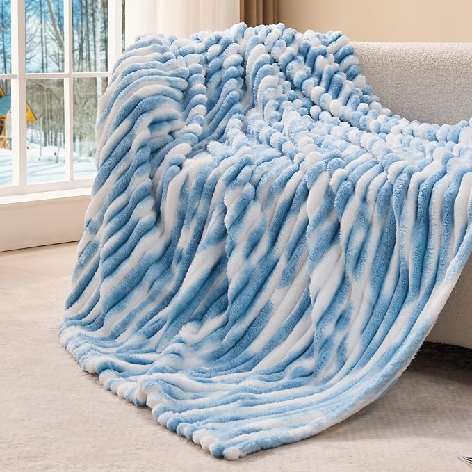 BEDELITE Ribbed Twin Blanket for Couch & Bed, Blue&White, 60"x80" | Ultra-Soft Plush Fleece, Cozy, Warm Yet Lightweight, Ribbed Texture, Home Decor, Machine Washable, Giftable, All-Season Use