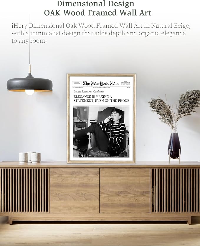 iHery 12x16in Audrey Hepburn On the Phone Framed Newspaper Wall Art | Natural OAK Wood Frame with Canvas Print, Vintage Elegance Decor for Bedroom, Living Room, Office and Gallery Wall, 1Pack