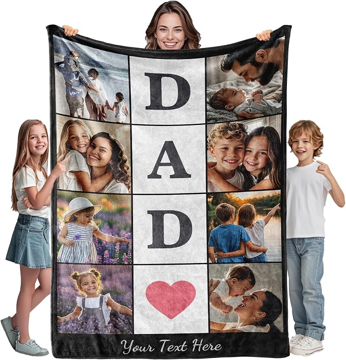 iDIY Custom Dad Blanket with Photo & Text - Ships Next Day - Father’s Day Personalized Gifts - Customized Gift for Dad, Husband, Mom, Kids