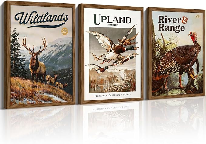 Hunting Wall Art Decor Deer Wildlife Prints Cabin Vintage Duck Pictures | Hunting Room Canvas Decor Rustic Animal Posters Fishing Mallard Duck Painting for Farmhouse Bedroom 12x16 Inch Unframed 3Pcs