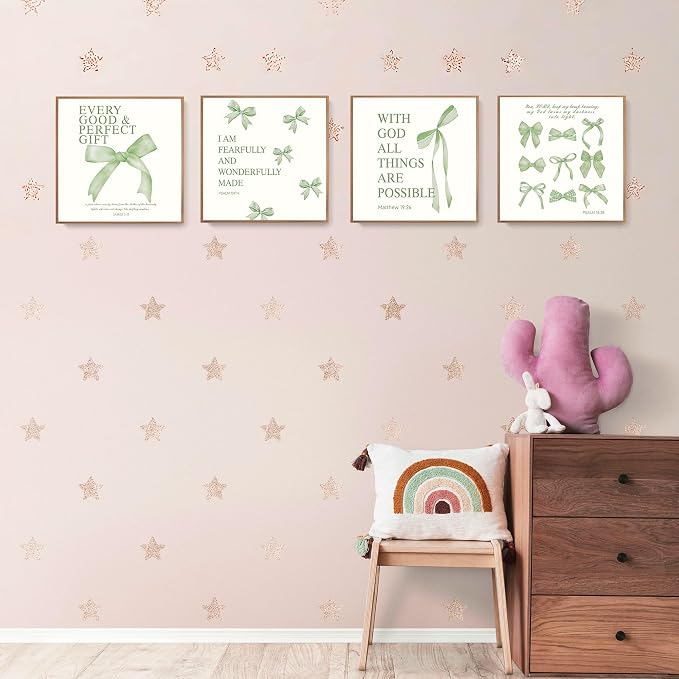 LARTSFRO Coquette Sage Green Bow Wall Art Decor Posters, Sage Green Bow Room Bedroom Bathroom Wall Art Decor Aesthetic for Teen Girls Gifts, Inspirational Bible Verses Bow Wall Decor, 10x10 Inch Set of 4 Bow Pictures Unframed