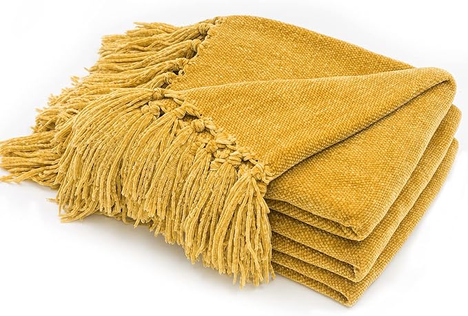 RECYCO Chenille Throw Blanket for Couch, 60"x80", Mustard Yellow | Super Soft Knit Throw Blanket with Fringe Tassels, Lightweight Knitted Throw, Cozy, Ideal for Sofa Chair Bed Living Room Gift