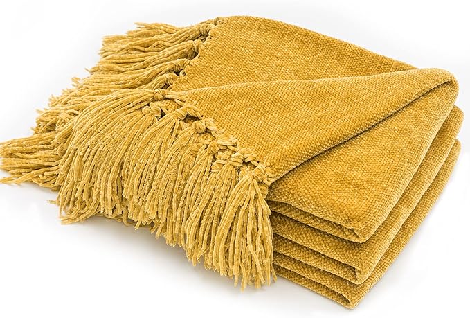 RECYCO Chenille Throw Blanket for Couch, 50"x60", Mustard Yellow | Super Soft Knit Throw Blanket with Fringe Tassels, Lightweight Knitted Throw, Cozy, Ideal for Sofa Chair Bed Living Room Gift