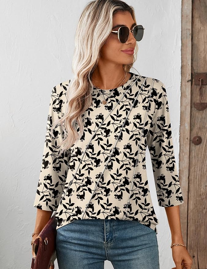 LOMON 3/4 Length Sleeve Womens Tops Spring Summer Fashion 2026 Tops Crew Neck Pleated Shirts Tunic Top Loose Fit