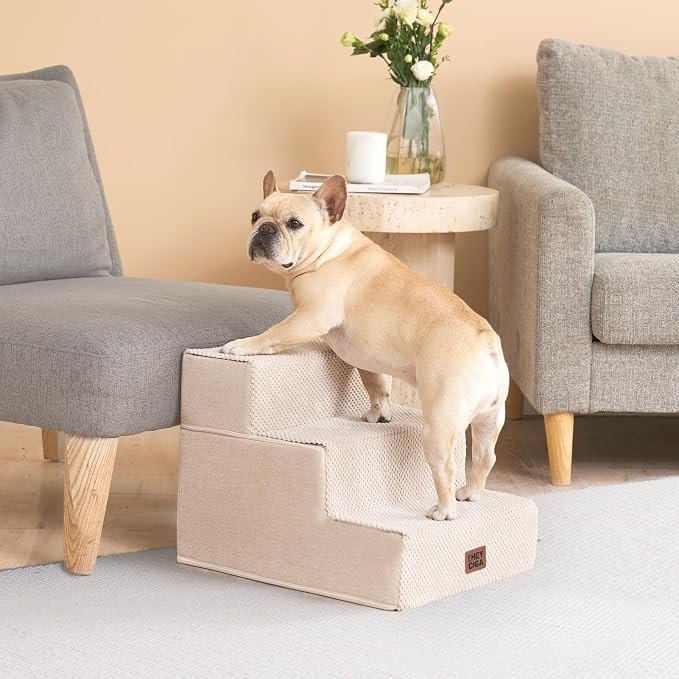 EHEYCIGA Dog Stairs for Small Dogs 13.5" H, 3-Step Extra Wide Dog Steps for Couch Sofa and Chair, Pet Steps for Medium Cats, Non-Slip Balanced Pet Ramp Indoor, Beige