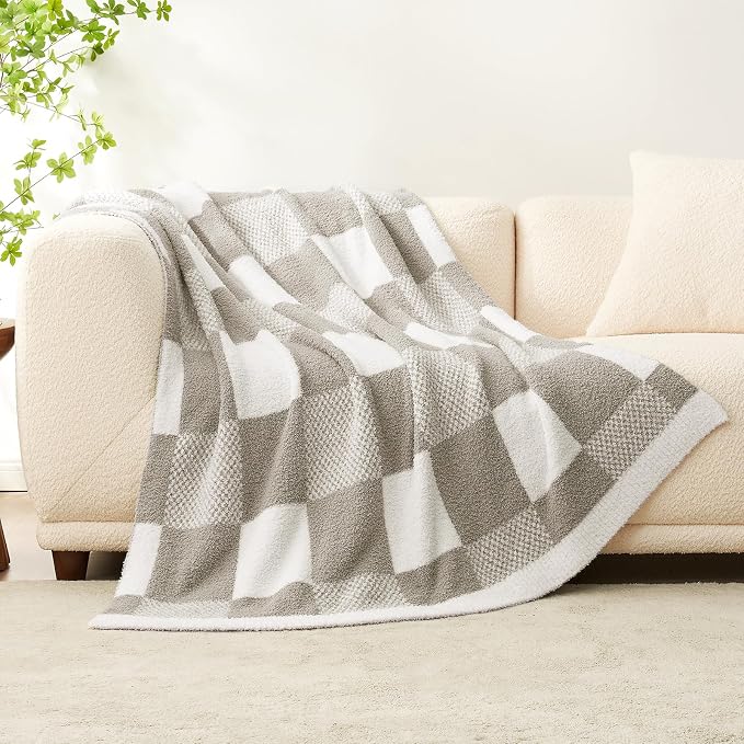 Snuggle Sac Checkered Blanket, Grey Throw Blanket for Couch Checker Microfiber Fluffy Warm Fuzzy Cozy Soft Throw Blanket Reversible Checkerered Blankets for Sofa, Chair, Bed, 50x60 inches