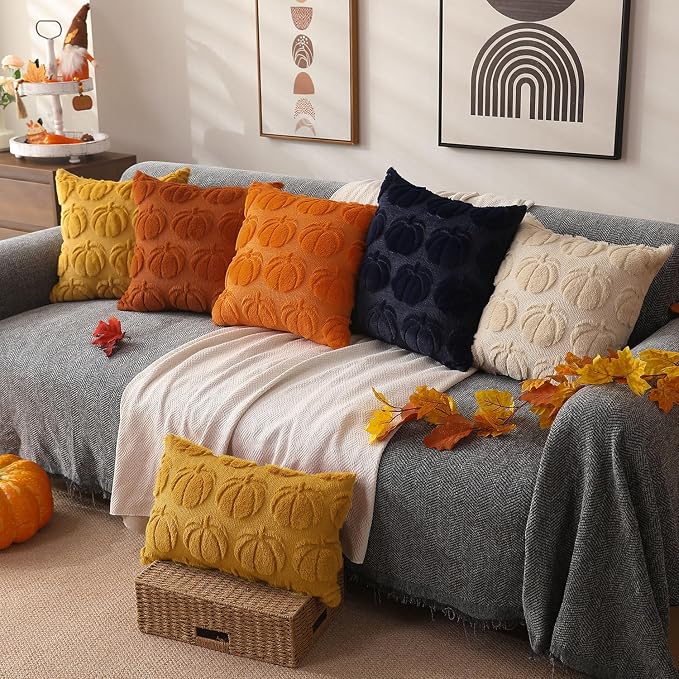 DFXSZ Fall Pillow Covers 12x20 2Pcs Yellow Pumpkin Fall Decoration for Home | Fall decor Set of 2 Throw Pillow Cases Soft Plush Faux Fur Wool Couch Cushion for Chair Sofa Bedroom Living Room Home Decor