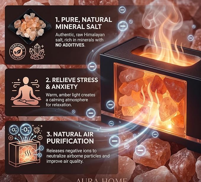 3 in 1 Ultrasonic Essential Oil Diffuser & Himalayan Salt Lamp, Flame Aromatherapy Diffuser Cool Mist Humidifier with 7 Color Lights, 100% Pure Pink Salt Rock, Auto-Off & Timer, 100ML (Black)