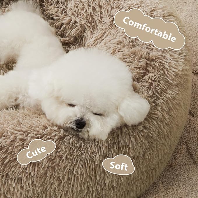 WNPETHOME Small Round Calming Dog Bed Cat Bed for Comfy Sleep | Dog Bed For Small Dog, Cute Washable Puppy Bed with Fluffy Plush, Faux Fur Anxiety Pet Bed Donut Cuddler (24x24x8in, Brown)