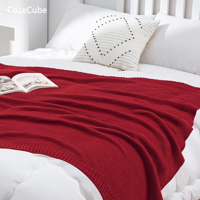 CozeCube Christmas Red Seed Stitch Throw Blanket 60"x80", Farmhouse Decor | Blanket for Couch, Soft Cozy Cable Knit Throw for Bed Sofa Living Room, Lightweight Warm Decorative Christmas Blanket