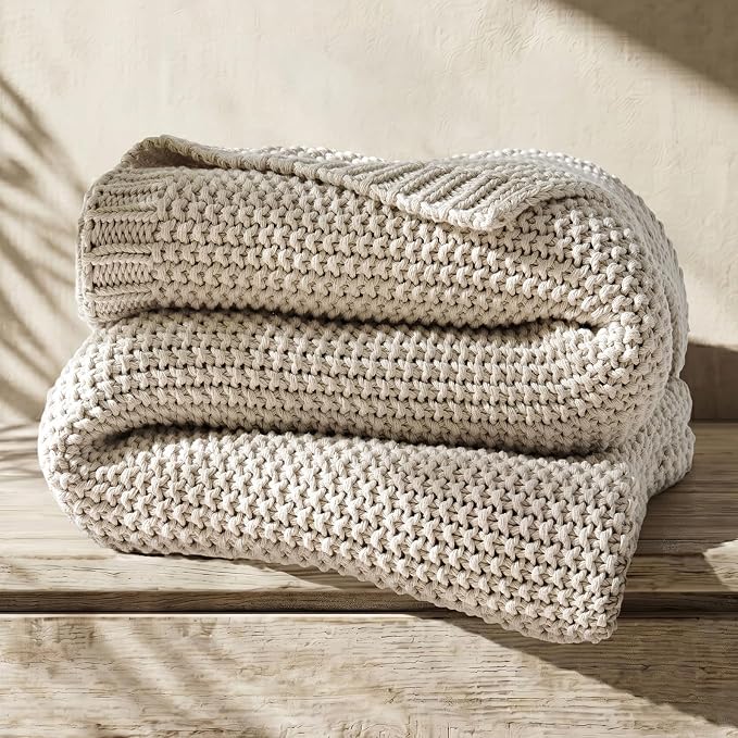 Organic Cotton Chunky Knit Throw Blanket, 50 x 60 Birch | OCS Certified Organic Cotton, Seed Stitch Knit, Soft & Breathable, Cozy Midweight, Decorative Throw for Couch, Bed & Sofa