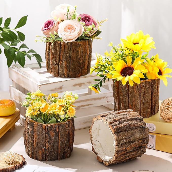 6 Pcs Wooden Vase for Centerpieces Wedding Flower Table Centerpieces Woodland Party Decor Rustic Farmhouse Bark Stump Buckets Vintage Planter Pots for Garden Baby Shower Window Home (Large)