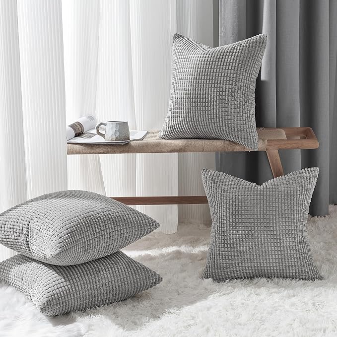 Topfinel Pillow Covers 22x22 Inch Set of 4 Decorative LightGrey Soft Corduroy Boho Striped Throw Pillow Covers Patchwork Cushion Cases Cute Aesthetic Home Decor for Couch Sofa Bed
