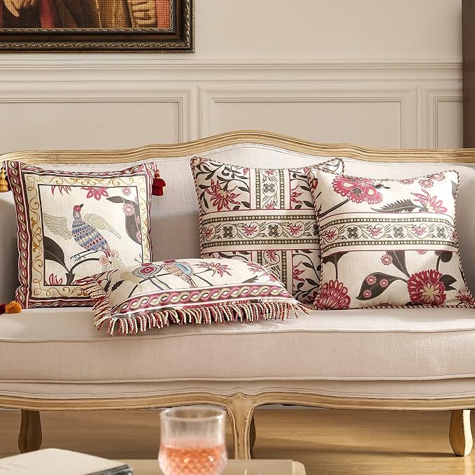 patdrea Designer Vintage Linen Throw Pillow Cover,18"x18"-Schumacher C | Elegant Decorative Pillow Case,Bird Pattern with Tassel Pendant,Cushion Coverfor Couch Living Room Bedroom Sofa