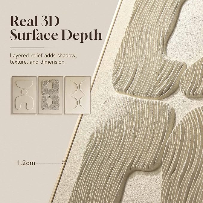 Thalasse Abstract Wall Art Large Framed 3D Sandstone 24x36 In | Wabi Sabi relief panels, solid wood frame, minimalist living room hallway entryway decor, 3 piece set