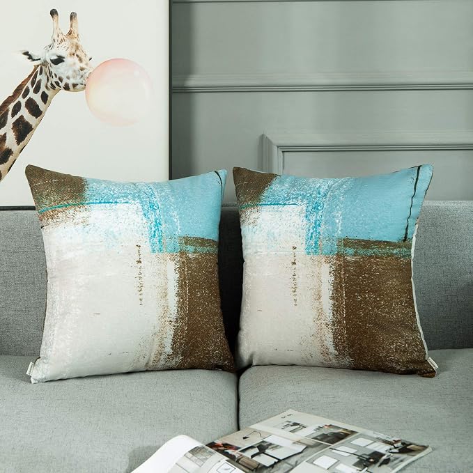 Throw Pillow Covers Set of 2, 20 x 20 Inch, Beige Blue Brown | Abstract Modern Art Outdoor Decorative Square Pillow Cases Couch Cushion Case for Couch Bed Sofa Living Room Home Decor