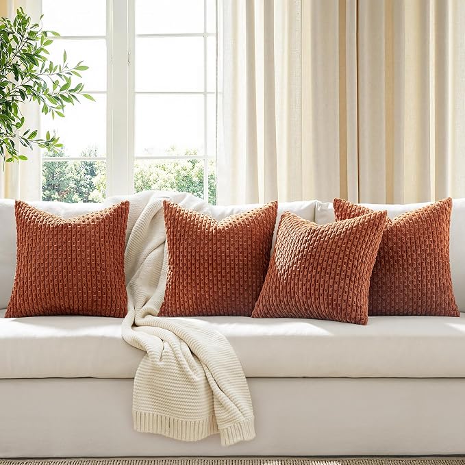 MIULEE Fall Terracotta Decorative Throw Pillow Covers for Couch Sofa Living Room Set of 4 Rustic Striped Cushion Covers Corduroy Pillowcases Farmhouse Home Decor 18x18 Inch Burnt Orange
