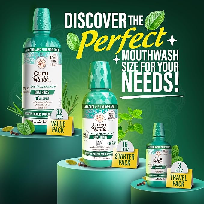 GuruNanda Fresh Breath Mouthwash, ADA-Accepted, Alcohol & Fluoride-Free, Sodium Chlorite, Essential Oils & Vitamins, 12-Hrs Fresh Breath, Wild Mint, 16 oz