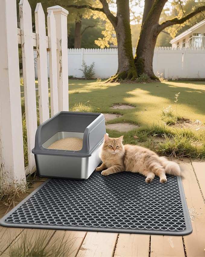 Powools Cat Litter Mat, 23.2 x 14.6 in, Waterproof, Non-Slip, Grey | Litter Trapping Mat, Easy to Clean, Litter Box Mat, Urine-Proof, Cat Toilet Training Systems Accessories, Indoor Cats