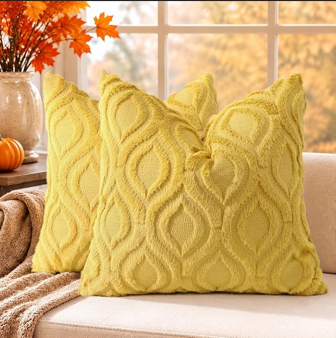 decorUhome Faux Fur Mustard Yellow Throw Pillow Covers 16x16 Set of 2 | Plush Solid Fall Couch Pillow Covers, Accent Modern Farmhouse Neutral Decorative Soft Pillow Cases for Sofa Bed Living Room