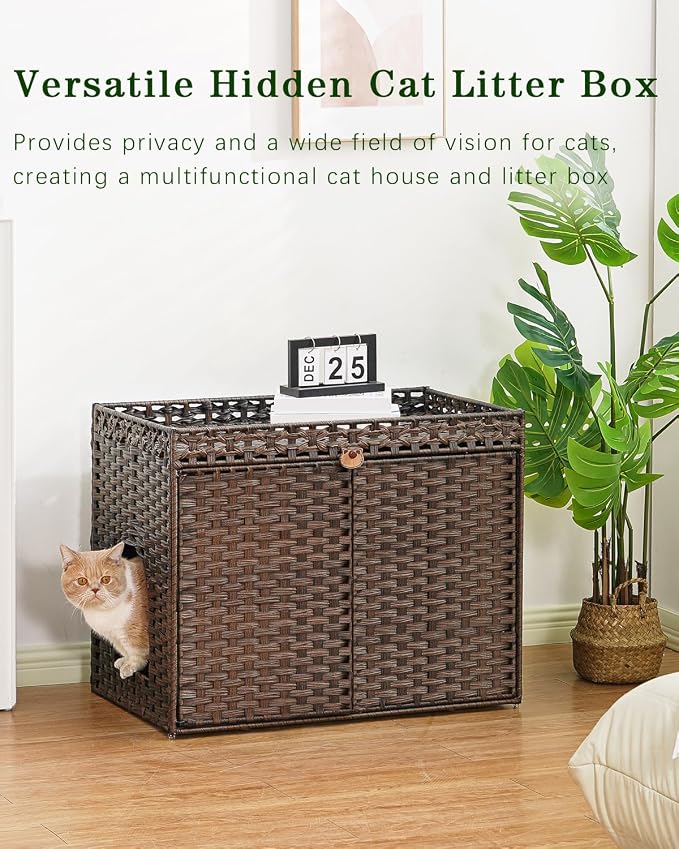 SETVSON Cat Litter Box Enclosure Furniture, Handwoven PE Rattan, Brown | Large Double-Door PE Rattan Kitty House, Fits Large Covered Litter Boxes, 2 Litter Mats, 2 S-Hooks, Metal Frame