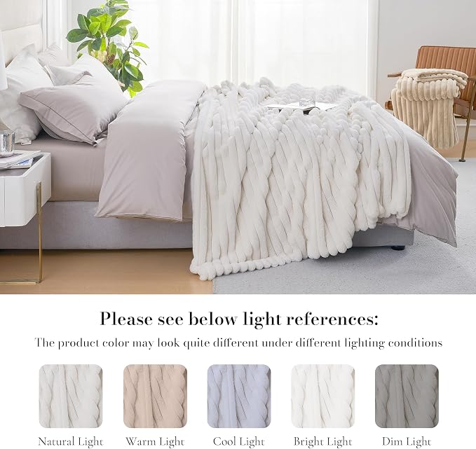 Faux Fur Throw Blanket for Couch, Cozy Fuzzy Fluffy Fur Luxurious Soft Striped Plush Gift Blankets for Family Sofa Chair Bedroom, 55"x70", Ivory