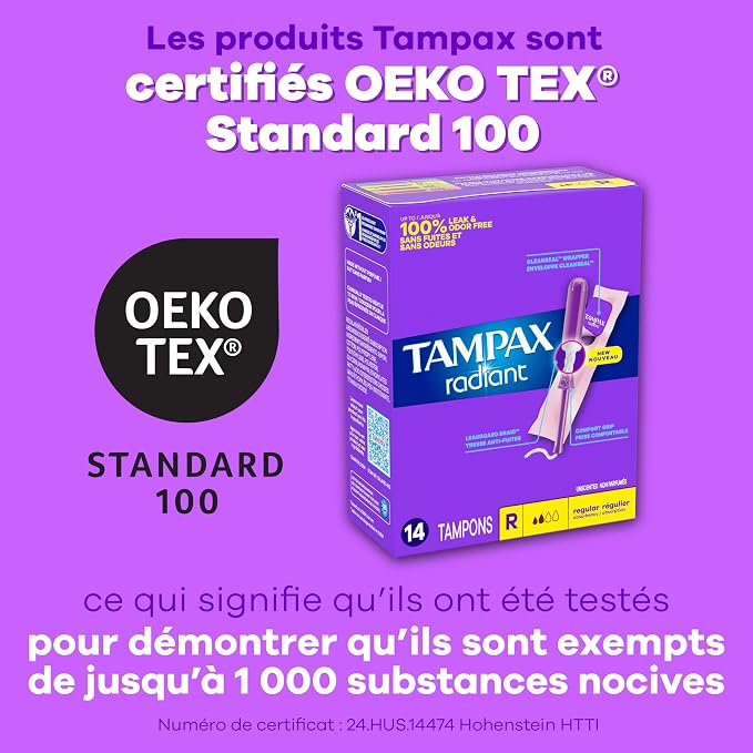 Tampax Radiant Tampons Super Absorbency with BPA-Free Plastic Applicator and LeakGuard Braid, Unscented, 42 Count (Pack of 2)
