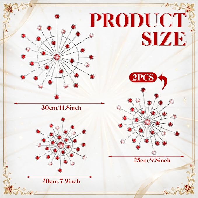 Blulu 4 Pcs Metal Wall Decor Bling Crystal Wall Art Cast Iron Rhinestones Sunburst Decor Starburst Art Hanging Diamond Accents Decorative for Living Room Bedroom Entryway (Red)