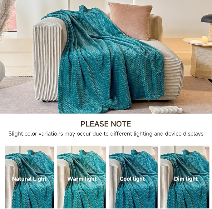 Simple&Opulence Teal Fleece Throw Blanket Lightweight Super Soft Cozy Flannel Blanket with Wave Textured for Sofa Couch Bedroom Decor Camping 50x60 Inches All Season Use（Wave Teal