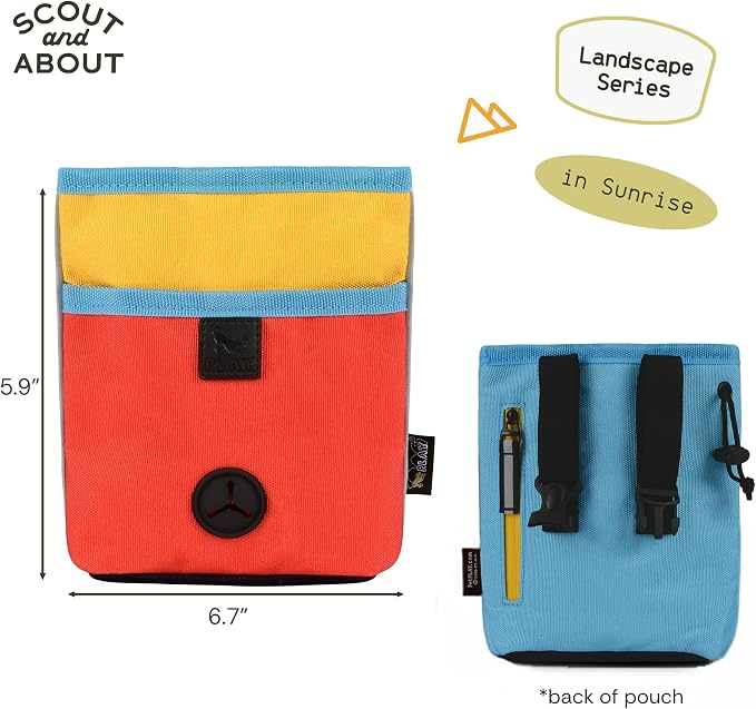 P.L.A.Y. Scout & About Deluxe Training Treat Pouch with Poop Bag Dispenser - 3 Way Wear, Detachable & Adjustable Strap, Reflective Strips, Water-Resistant Back Zipper Pocket, Squeaker (Sunrise)