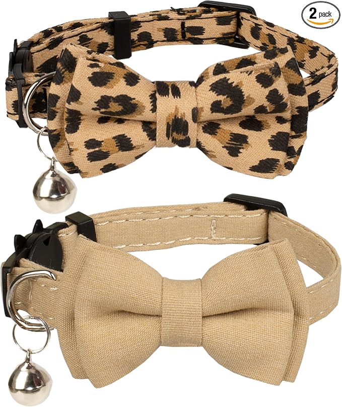 Collar for Cat Pet Breakaway with Bell Bowtie Detachable Bow Adjustable Safety Kitten Puppy Girl Boy 2pcs Beige Leopard & Pure