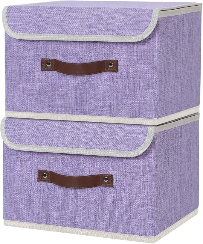 ANMINY Fabric Storage Box Bins with Lids, Purple, 13"x9"x7.9", 2 Pack | Keepsake Memory Storage, Cotton Linen, PP Board Reinforced, Washable, PU Handles, Foldable & Stackable, Decorative, Medium
