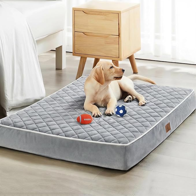 WNPETHOME Orthopedic Waterproof Large Sized Senior Dogs Bed for Comfy Sleep | Washable Ped Bed with Removable Cover, Multi-Needle Quilting Large Dogs Crate Bed for Dog Relax, Light Grey 36x27 Inch