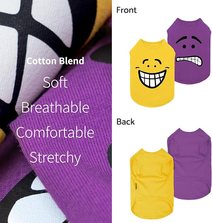 Fitwarm 2 Pack Happy Scary Expression Dog Shirt, Funny Clothes for Small Dogs Boy Girl, Pet Outfit, Yellow, Purple, Large