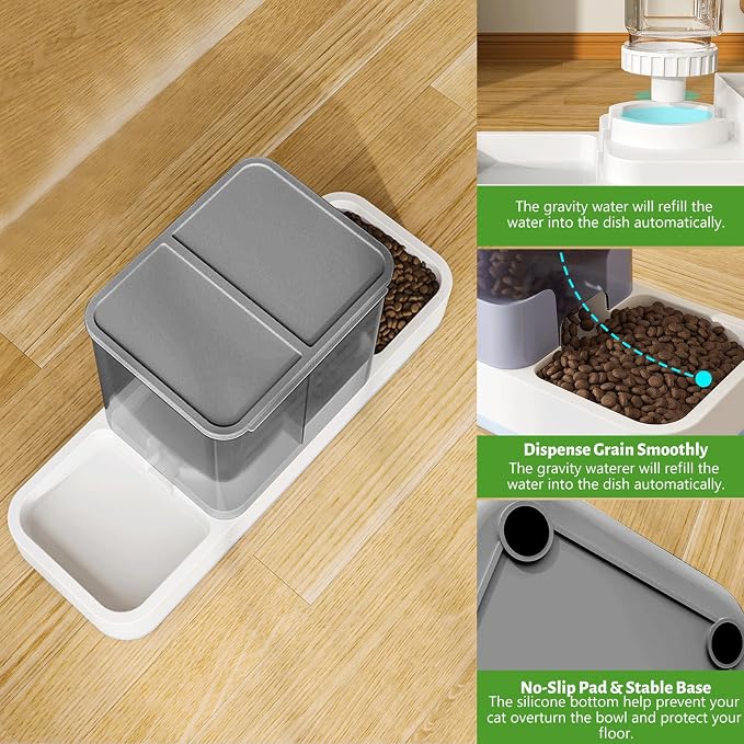 Yummy Sam Automatic Small Pet Feeder and Water Dispenser, Grey | 2 in 1 Gravity Cat Auto 1.5L Pet Feeder and 1L Waterer Set, Feeder Dish for Small Medium Pets Dog Puppy Kitten
