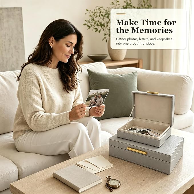Decorative Storage Boxes with Lids, PU Faux Leather, 2 Pack,Grey | Bookshelf Home Decor Box with Gold Metal Handle, Store Photos, Documents and Memory Box Keepsakes