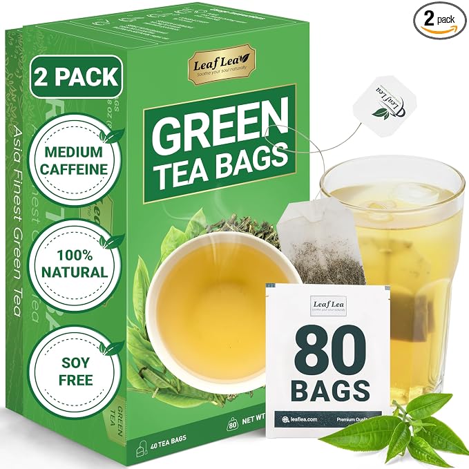 LeafLea Premium Green Tea Bags, Daily Wellness & Uplifting, 80 Count | Pure Green Tea Leaves, Bright And Mild Flavor, Caffeinated, Sugar-Free, Non-GMO, Vegan, Individually Wrapped, 2 Pack