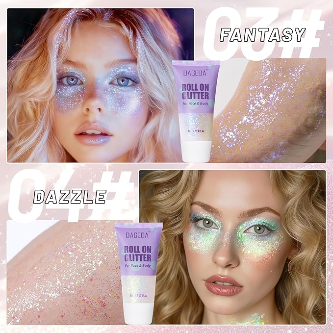 DAGEDA 2 Colors Roll-on Body Glitter, Eye Face Glitter Gel for Festival Outfit Mermaid Accessories,Holographic Color Body Shimmer Makeup Rave Outfits Accessories for Women(03+04)