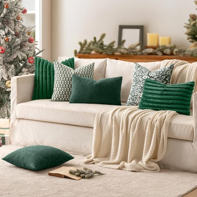 MIULEE Faux Fur Decorative Throw Pillow Covers 18x18 Set of 2 Dark Green | Modern Soft Plush Couch Pillows, Cozy Fluffy Cushion Covers for Sofa Bed Living Room Home Decor