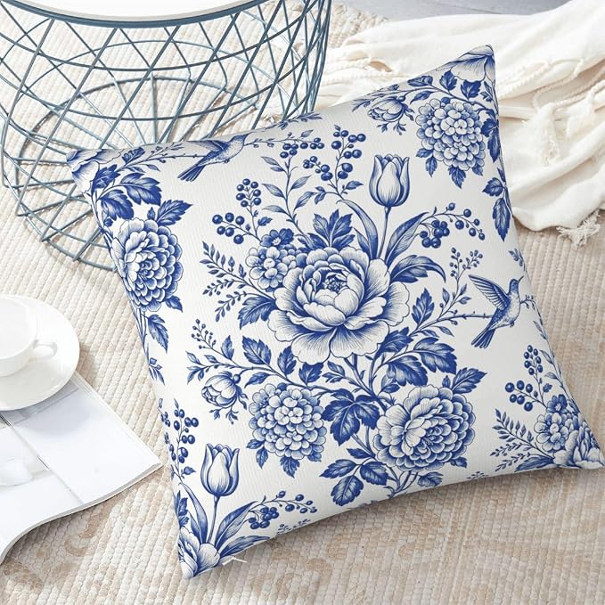 Blue White Chinoiserie Floral Throw Pillow Covers 18x18 Set of 2 Farmhouse Decorative Cushion Cases Home Decor