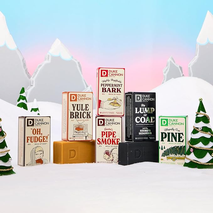 Duke Cannon Supply Co. Big Brick of Soap Bar For Men - Lump of Coal, Illegally Cut Pine & Peppermint Bark, Holiday Variety 3 Pack, 10 oz. Bar Soaps