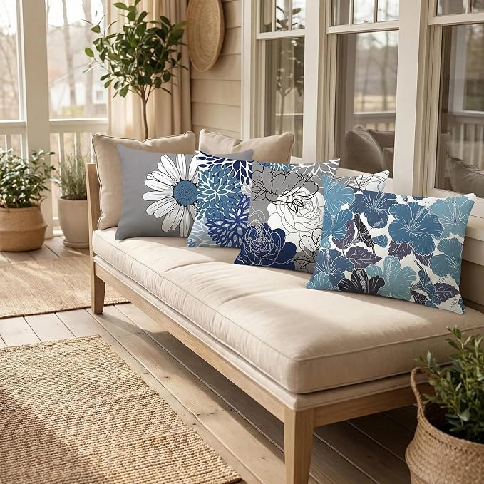COMMINY Blue Grey Lumbar Pillow Covers 12x20 Set 6 Linen Throw Cover | Daisy Dhalia Pattern, Lumbar Pillow Size, Breathable Linen, hidden zipper, Bed Bench Office Chair, modern farmhouse decor