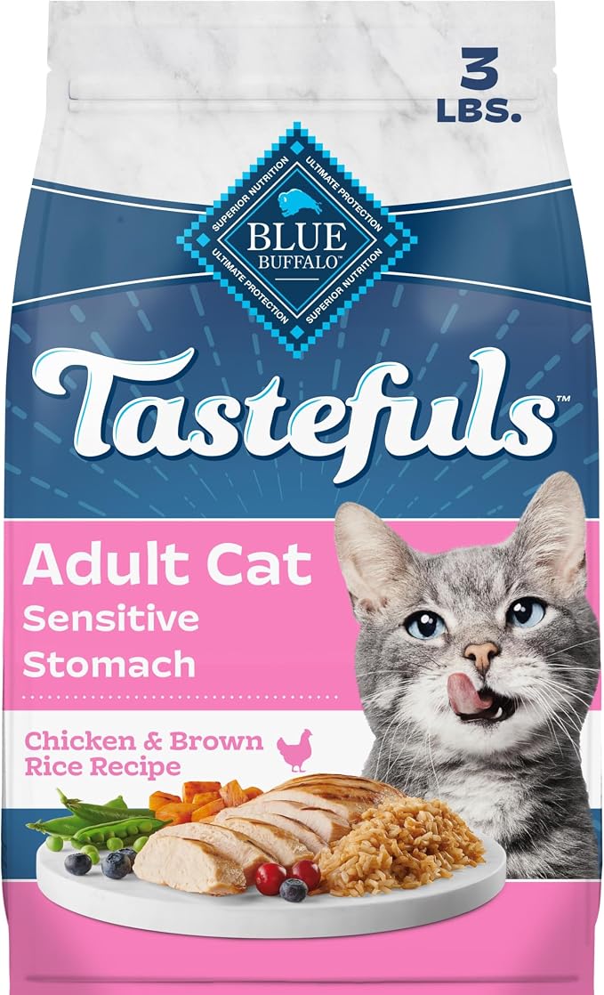Blue Buffalo Tastefuls Chicken Adult Sensitive Stomach Dry Cat Food, 3 lb | Chicken & Brown Rice Recipe, Whole Grains, Garden Veggies & Fruit, No Corn, Wheat, or Soy