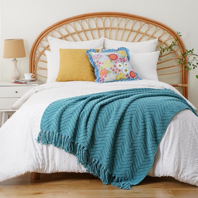 BATTILO HOME Teal Throw Blanket for Couch, Knit Woven Turquoise Blanket Versatile for Chair, Super Soft Warm Decorative Blanket with Tassels for Bed, Sofa and Living Room, 60" x 80"